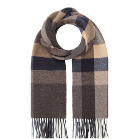 Rodd & Gunn green check virgin wool scarf with fringe trim, rolled to show classic tartan pattern in navy, camel and brown tones