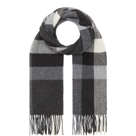 Rodd & Gunn black check virgin wool scarf with fringe ends, styled in a loop display showing grey and white plaid pattern.