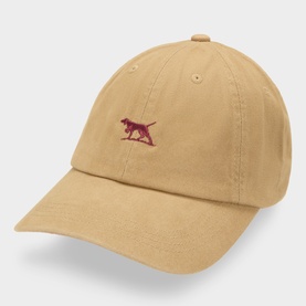 Rodd & Gunn khaki cotton cap with burgundy embroidered pointer dog motif, curved brim, unstructured crown