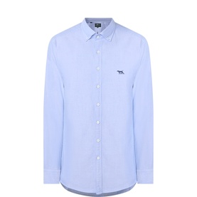 Rodd & Gunn mid blue cotton casual shirt with button-down collar, long sleeves, and embroidered logo chest detail