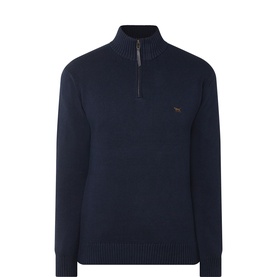 Rodd & Gunn dark blue cotton half-zip knit with ribbed hem and cuffs, funnel neck, and small logo embroidery
