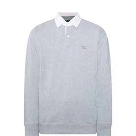 Rodd & Gunn slate grey cotton rugby sweatshirt with white collar, small embroidered chest logo, and button placket