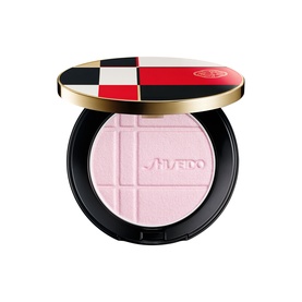 Shiseido Looks pressed powder compact, shade 09 Bronze Agate, in geometric red, black and gold checkerboard case with pink pan