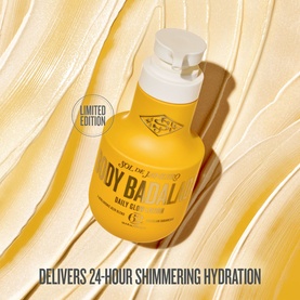 Sol De Janeiro Body Bademba Daily Glow Butter limited edition yellow pump bottle with shimmering lotion texture background