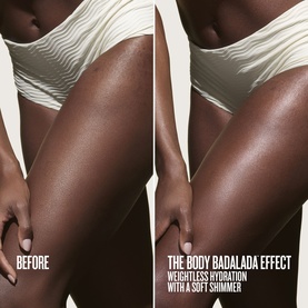 Sol De Janeiro The Body Badalada before and after comparison showing skin hydration and soft shimmer effect on legs and torso.