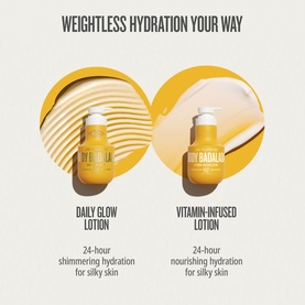 Sol De Janeiro Daily Glow Lotion and Vitamin-Infused Lotion in yellow bottles, shown side by side with hydration benefit text