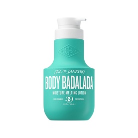 Sol De Janeiro Body Badalada Moisture Melting Lotion in teal pump bottle with white cap, featuring coconut milk formula labelling