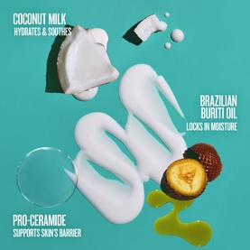Sol De Janeiro body lotion texture swatch with coconut milk, Brazilian buriti oil, and pro-ceramide key ingredient call-outs on teal background