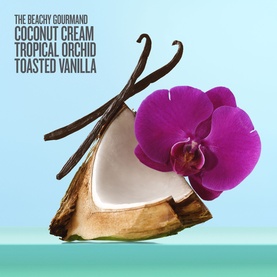 Sol De Janeiro The Beachy Gourmand scent visual featuring coconut, vanilla pods and a purple orchid on a teal background