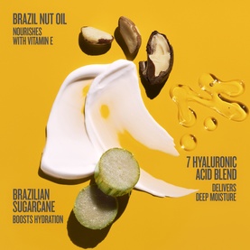 Sol De Janeiro body lotion cream spread showing key ingredients: Brazil nut oil, Brazilian sugarcane, and 7 hyaluronic acid blend on yellow background