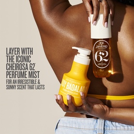 Model with Sol De Janeiro Bum Bum Body Lotion pump bottle and Cheirosa 62 Perfume Mist, shown together as a layering duo