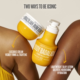 Sol De Janeiro Brazilian Bum Bum Cream and Body Badalada Lotion held by a model, shown with descriptive text callouts