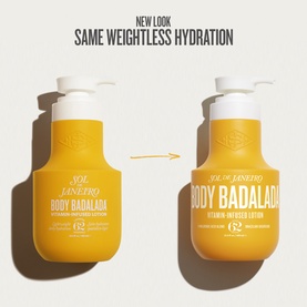 Sol de Janeiro Body Badalada Vitamin-Infused Body Lotion old and new packaging comparison, yellow pump bottles