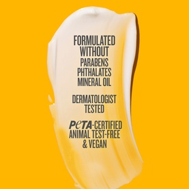 Sol De Janeiro body lotion cream swatch on yellow background, labelled paraben-free, phthalate-free, PETA-certified vegan and cruelty-free
