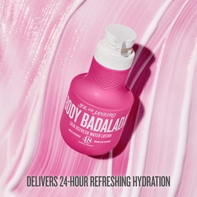 Sol De Janeiro Body Badalada Refresh Water Lotion in bright pink pump bottle on pink swirl background