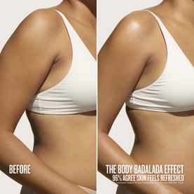 Sol De Janeiro body lotion before and after skin comparison showing hydration and refreshed effect on torso