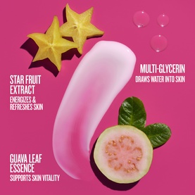 Sol De Janeiro body lotion tube on pink background with star fruit, guava, and text highlighting key ingredients including multi-glycerin.