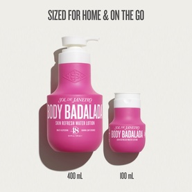 Sol De Janeiro Body Badalada Skin Refresh Water Lotion in 400ml and 100ml pump bottles, sized for home and on the go