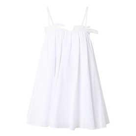 Staud Cecily Flared Mini Dress in white with spaghetti straps, bow detail, squared neckline, and flared hemline