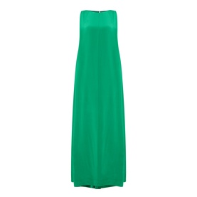 Staud dress in kelly green, strapless silhouette, maxi length, relaxed A-line fit in 100% silk