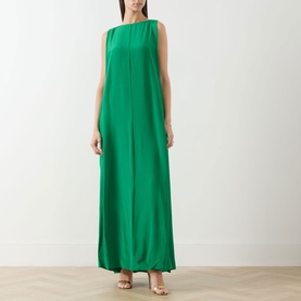 Model wearing Staud kelly green sleeveless silk maxi dress with relaxed silhouette and centre seam detail