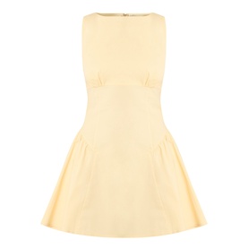 Staud dress in butter yellow, sleeveless with bateau neckline, fitted bodice and flared skirt, cotton fabric