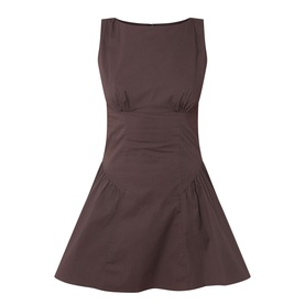 Staud Earth dress in cotton, sleeveless with bateau neckline, ruched waist detail and full A-line skirt in dark brown tone