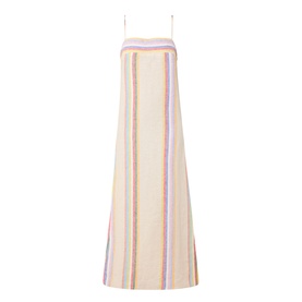 Staud Laura Stripe Dress in Day Trip Stripe, maxi length with square neckline, spaghetti straps and multicolour vertical stripes on cream linen