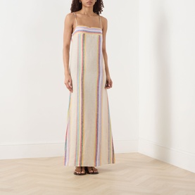 Model wearing Staud Laura Stripe Dress in Day Trip Stripe, maxi length linen with spaghetti straps and square neckline, styled with brown sandals