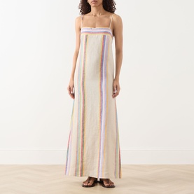 Model wearing Staud Laura Stripe Dress in Day Trip Stripe, maxi length linen with squared neckline, spaghetti straps and multicolour vertical stripes