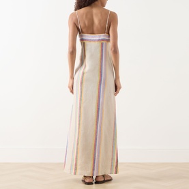 Model wearing Staud Laura Stripe Dress in Day Trip Stripe, maxi length linen with spaghetti straps and multicolour vertical stripes, back view