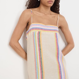 Model wearing Staud Laura Stripe Dress in Day Trip Stripe, linen maxi with square neckline, spaghetti straps and multicolour vertical stripes