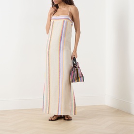 Model wearing Staud Laura Stripe Dress in Day Trip Stripe, maxi length linen with spaghetti straps, styled with a striped bag and tan sandals.