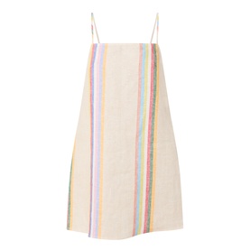 Staud Day Trip Stripe linen mini dress in multicolour stripe, spaghetti straps, relaxed fit, natural base