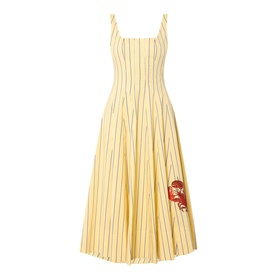 Staud dress in Monday Stripe Lobster, yellow pinstripe cotton midi with square neck, flared skirt and red lobster embroidery detail