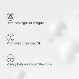 The Ordinary serum benefits graphic highlighting reduces signs of fatigue, promotes energised skin, and visibly defines facial structure.