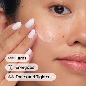 Model applying The Ordinary serum to cheek; text overlay highlights firms, energises, and tones and tightens benefits.