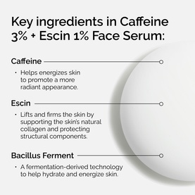 The Ordinary Caffeine 3% + Escin 1% Face Serum key ingredients graphic listing Caffeine, Escin, and Bacillus Ferment benefits.
