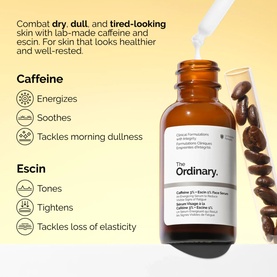 The Ordinary Caffeine + Egcg Pore Serum in amber dropper bottle, shown with ingredient highlights and skin benefits infographic.