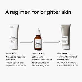 The Ordinary skincare regimen for brighter skin featuring Glucoside Foaming Cleanser, Caffeine 3% + Escin 1% Face Serum, and Natural Moisturizing