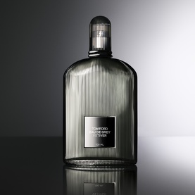 Tom Ford Eau de Grey Vetiver Eau de Toilette in smoked grey ribbed glass bottle with silver label and rounded cap