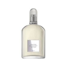 Tom Ford Eau de Grey Vetiver Eau de Toilette, clear rectangular glass bottle with silver cap and grey label