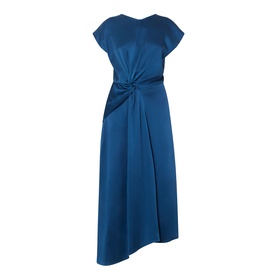 Victoria Beckham Aria Twist Waist Dress in Dark Ocean, cap sleeves, front twist waist detail, asymmetric flared midi hem, smooth satin finish