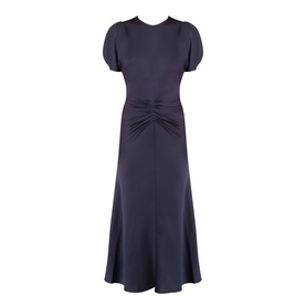 Victoria Beckham midi dress in Midnight, short puff sleeves, ruched waist detail, and flared skirt