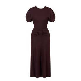 Victoria Beckham Acai dress with puff sleeves, ruched waist detail, and midi length in dark plum jersey fabric