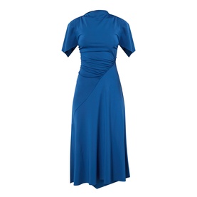 Victoria Beckham Gathered Asymmetric Dress in Dark Ocean, high slash neckline, short sleeves, diagonal ruched waist, midi-length flared skirt