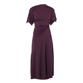 Victoria Beckham Gathered Asymmetric Dress in Blackcurrent, short sleeves, diagonal gathered waist, asymmetric midi-length flared skirt