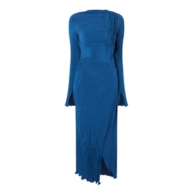 Blue long-sleeve midi dress with pleated fringe detail, wrap-style skirt, and flared cuffs, displayed flat on white background