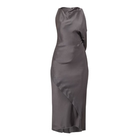 Victoria Beckham Dress in Ore, sleeveless satin midi length with draped neckline and asymmetric layered front panel