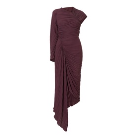 Victoria Beckham Acai dress with ruched asymmetric draping, one-shoulder neckline, single long sleeve, and gathered skirt hem